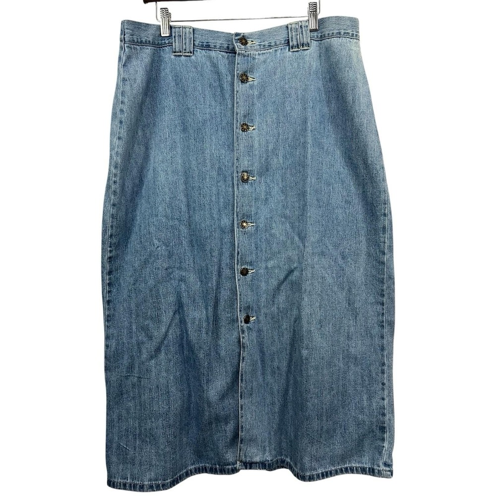 Vtg Denim Midi Skirt Button Front 16 Modest Western‎ Prairie Cottage 100% Cotton